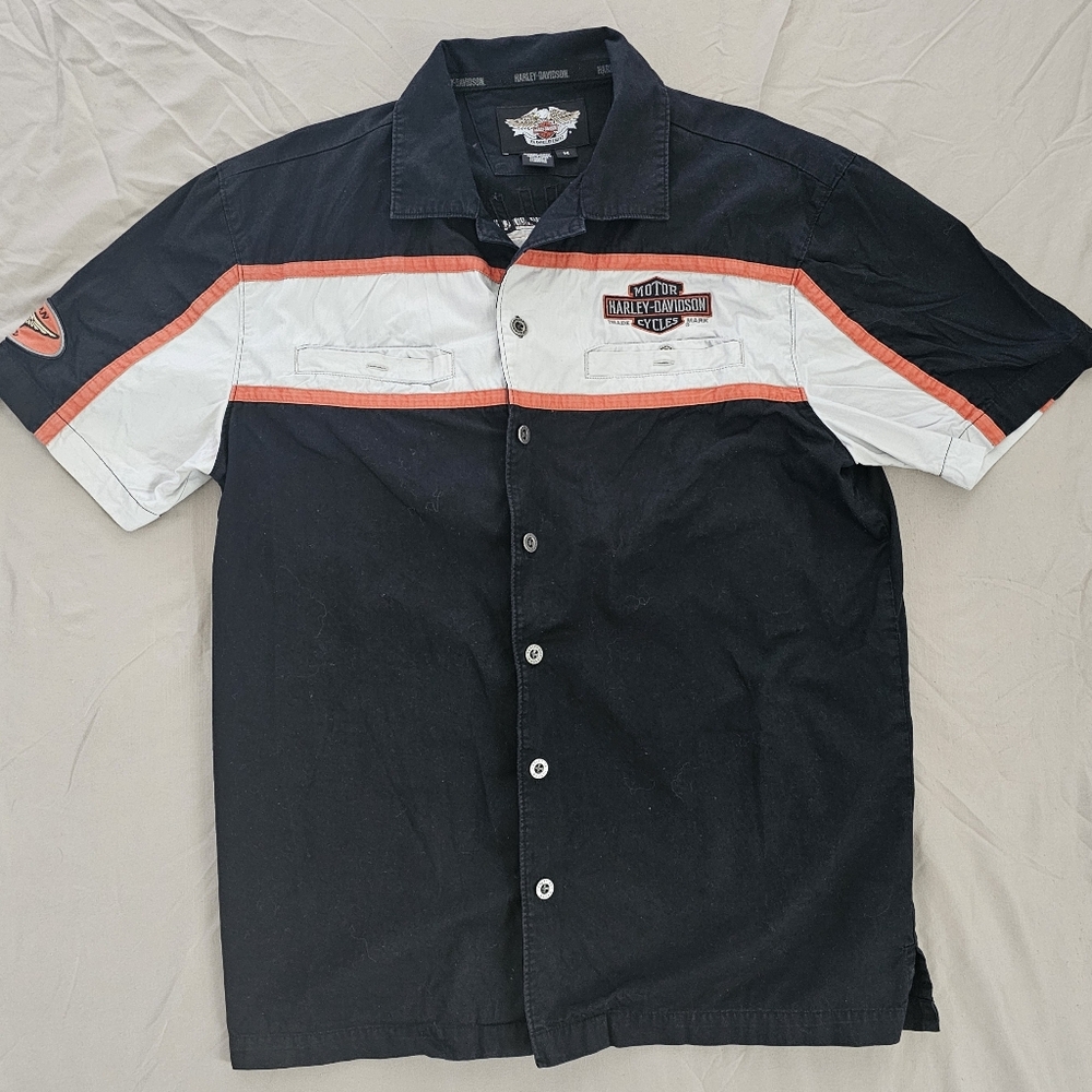 Harley-Davidson Men's Black, White, and Orange Button Down Shirt